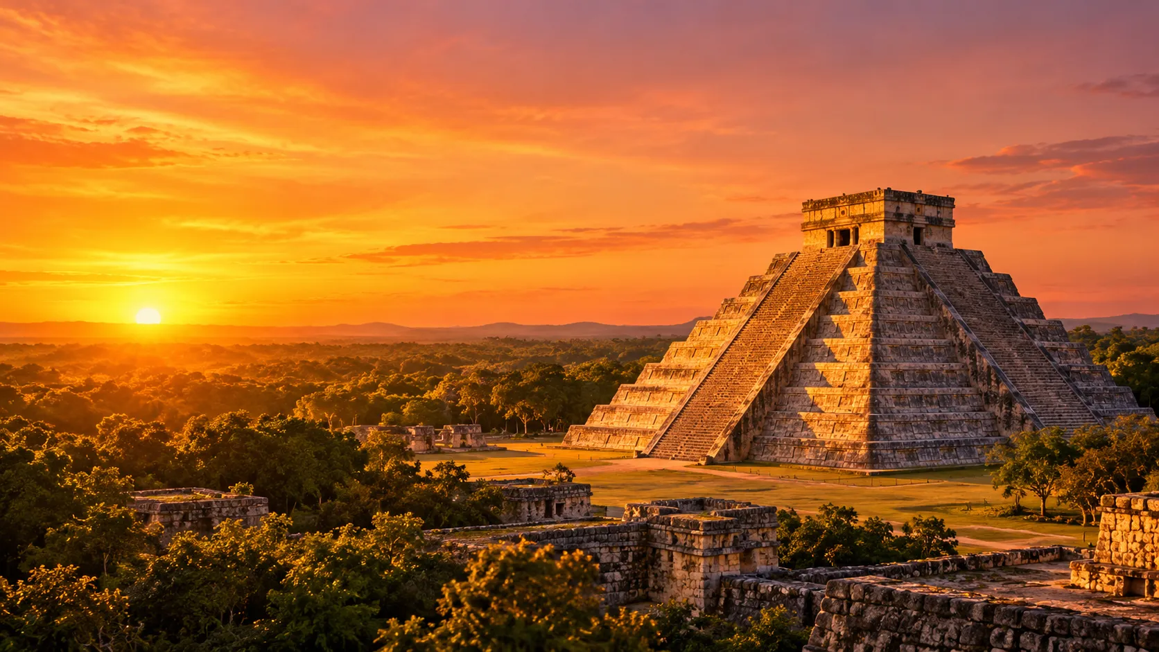 Pirâmide de Chichén Itzá cercada pela selva ao pôr do sol.