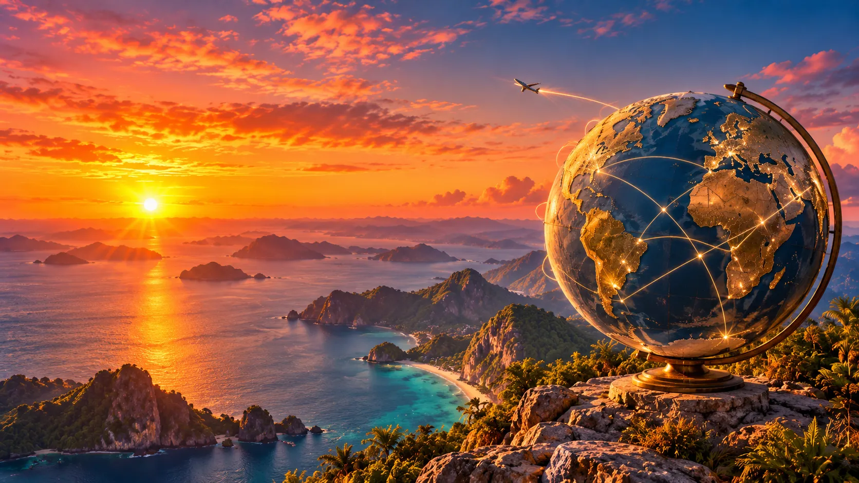 Globo terrestre dourado com rotas iluminadas sobre um mirante de ilhas e mar ao pôr do sol, com um avião cruzando o céu.