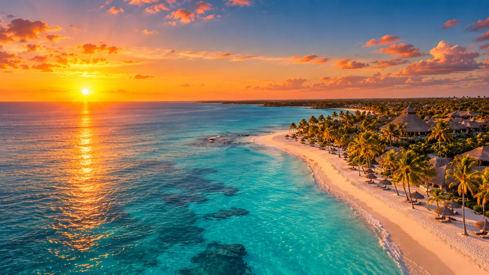 Praia de areia branca e mar turquesa com coqueiros ao pôr do sol.