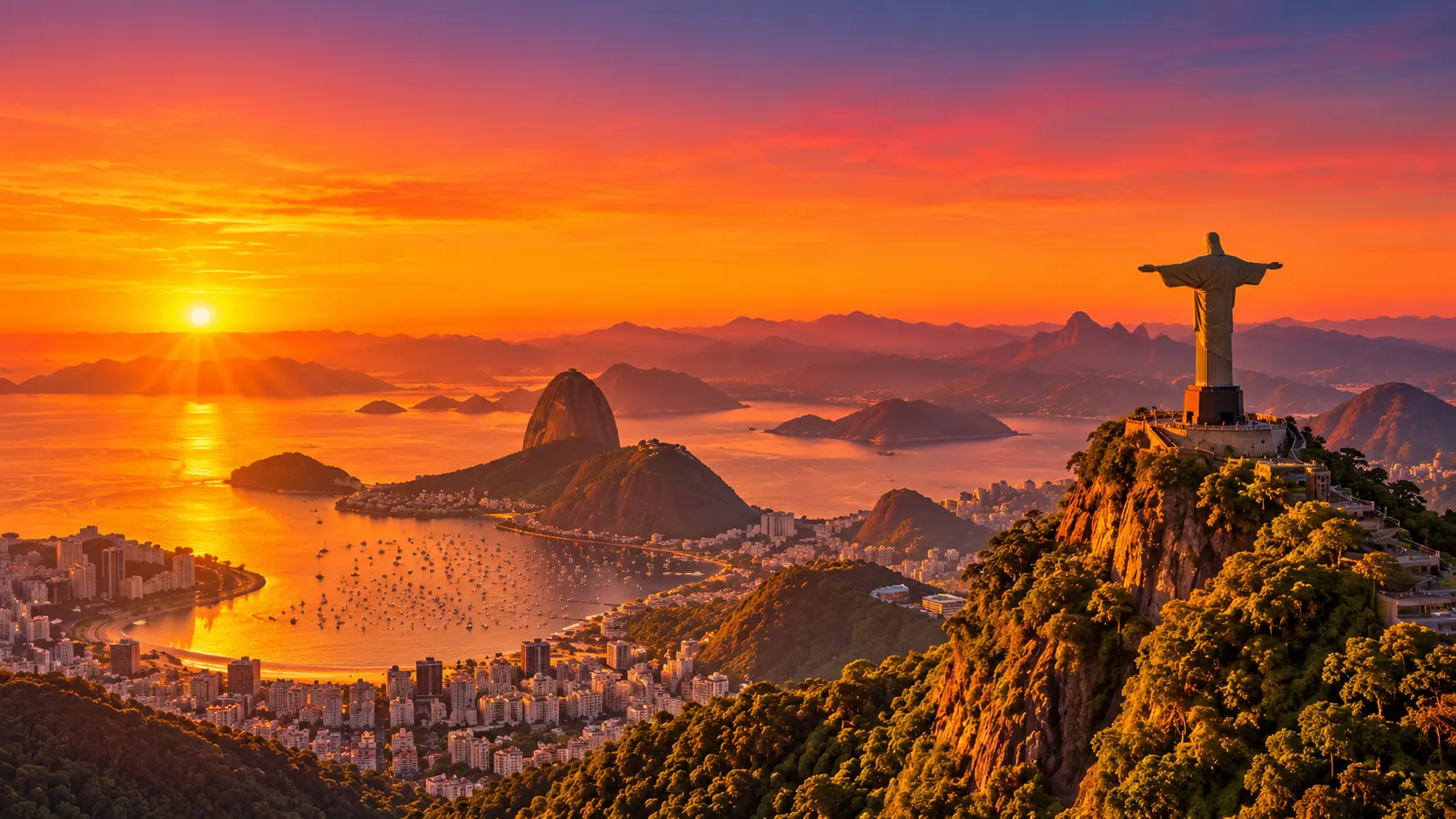 Cristo Redentor e o Pão de Açúcar sobre a baía de Guanabara ao pôr do sol.