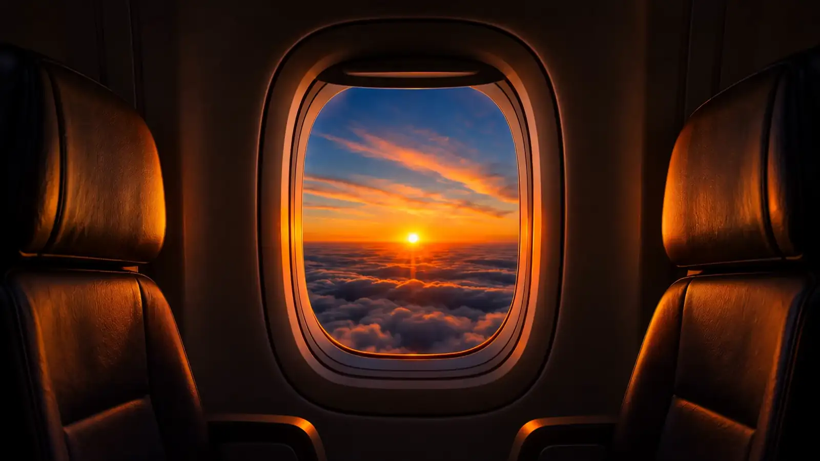 Janela do avião com o sol se pondo sobre as nuvens.