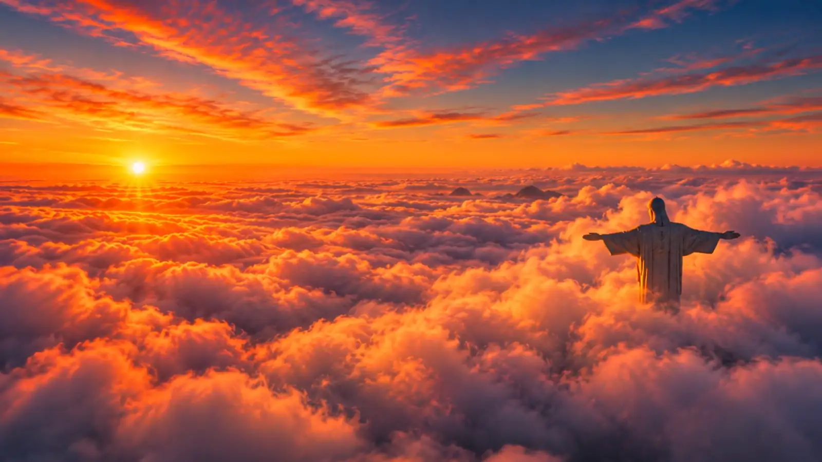 Cristo Redentor acima das nuvens com o sol no horizonte.