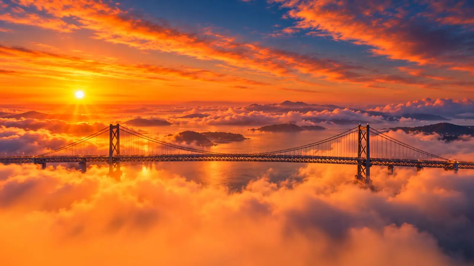 Ponte Hercílio Luz sobre a baía de Florianópolis ao pôr do sol.